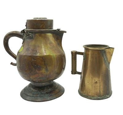 2 LARGE ANTIQUE COPPER COFFEE POTS. 2 Large Antique 19th c Copper Coffee Pots. Large 10"x8"x13". 