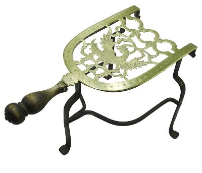 ANTIQUE BRASS PHOENIX TRIVET KETTLE STAND. Antique brass and forged iron phoenix trivet kettle 