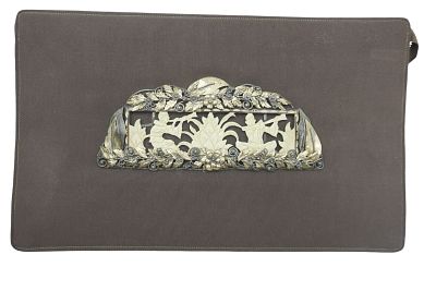 ANTON MORITZ ART DECO CLUTCH. Anton Moritz Art Deco Clutch. Silk with front plaque of carved 