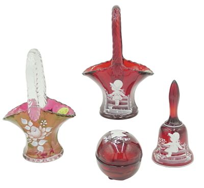 4 PC WESTMORELAND RUBY GLASS MARY GREGORY PLUS. 4 Piece Vintage Mary Gregory Ruby Glass. 3 are 