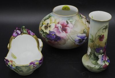 3 pc ANTIQUE HAND PAINTED PANSY PORCELAIN. Three Hand Painted German Porcelain Vases &amp; 