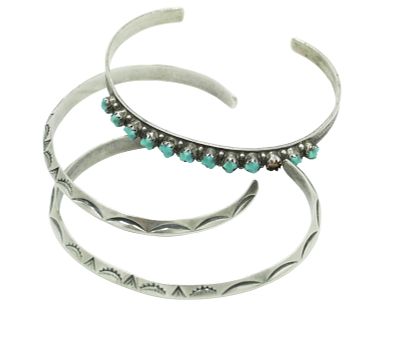 3 VINTAGE ZUNI STERLING CUFF BRACELETS TURQUOISE. 3 Vintage Sterling Silver Cuff Bracelets. 1 