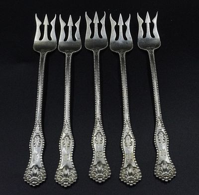 5 STERLING SILVER CHARLES II OYSTER FORKS. 5 Sterling Silver Oyster Forks in the Charles II 