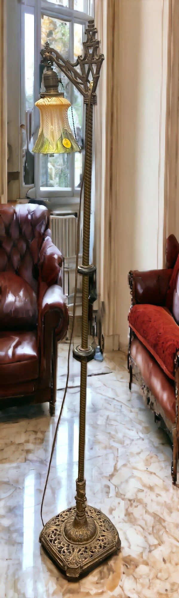 Lot 48: ANTIQUE FLOOR LAMP WITH QUOIZEL PULLED FEATHER SHADE
