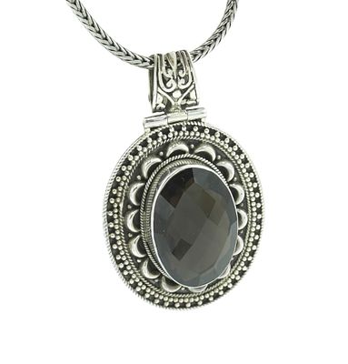 LARGE STERLING PENDANT SMOKY QUARTZ WITH CHAIN. Large Sterling Silver Pendant with Faceted Smoky 
