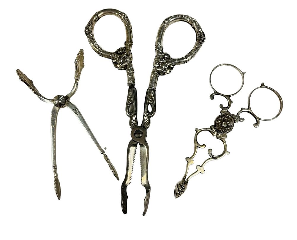 Lot 56: 3 ANTIQUE STERLING SILVER TONGS - GRAPE SHEAR