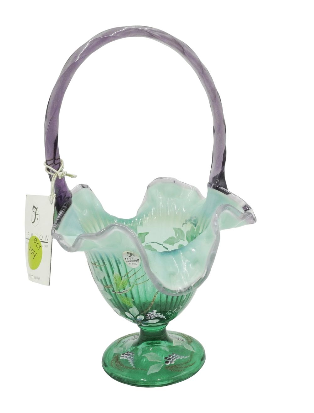 Lot 104: SCARCE FENTON SPRUCE GREEN OPALESCENT BASKET