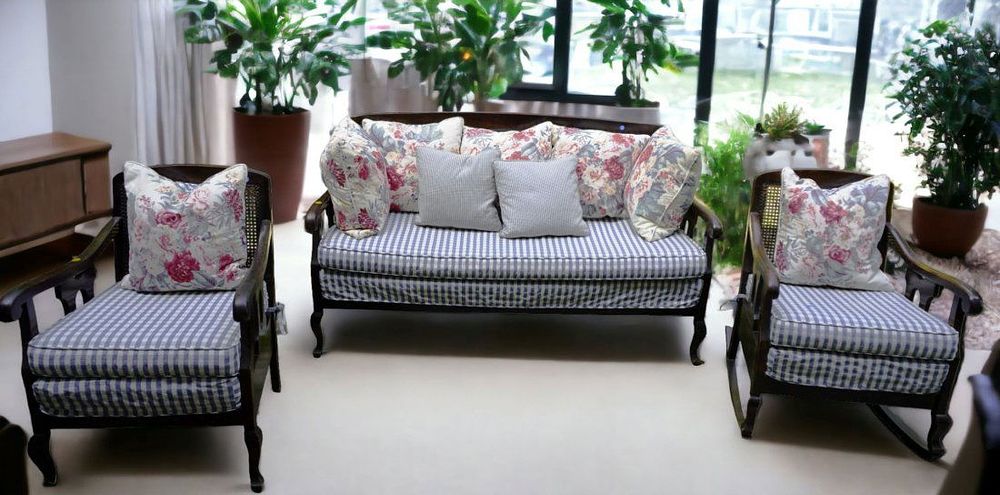 Lot 116: 3 pc VINTAGE CANE BACK WOOD SOFA & CHAIRS