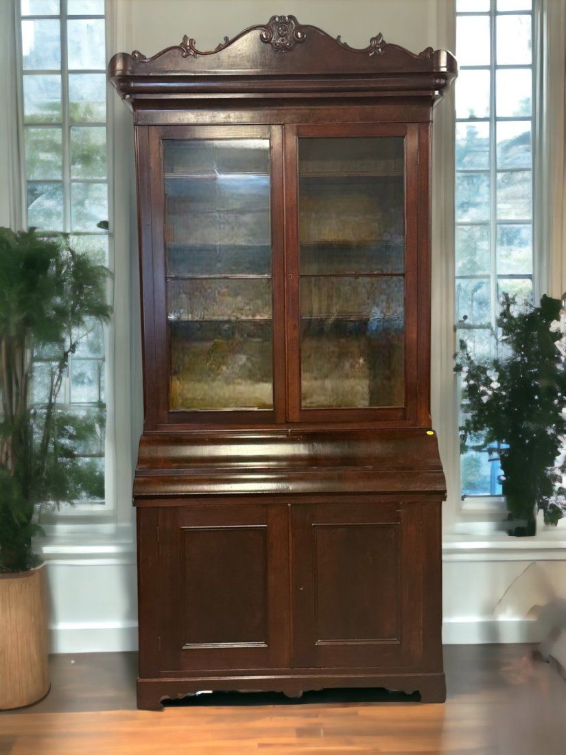 Lot 125: ENGLISH CARVED MAHOGANY SECRETARY BOOKCASE