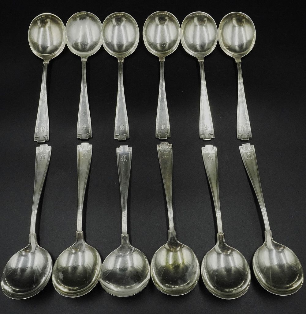 Lot 130: 12 GORHAM STERLING SILVER ETRUSCAN GUMBO SPOONS
