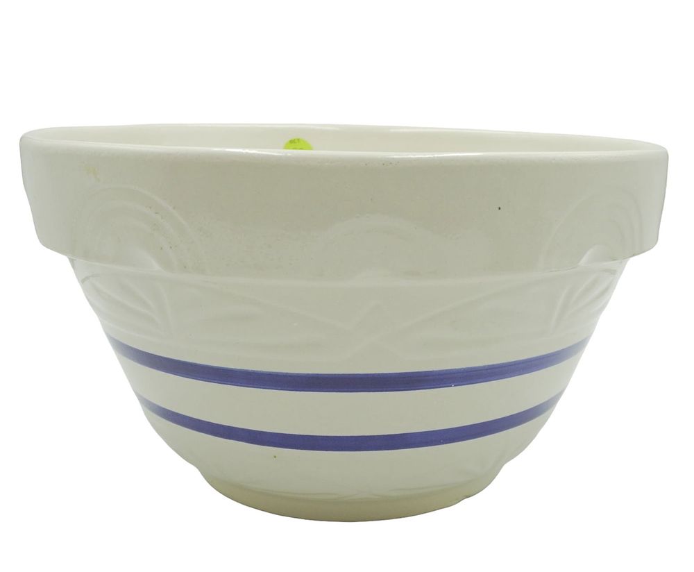 Lot 132: ANTIQUE VERY LARGE ROSEVILLE POTTERY BOWL IN STONE WITH NAVY STRIPES
