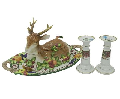ROYAL HUNT DEER TUREEN, UNDERPLATE, CANDLESTICKS. Large Noritake Royal Hunt Deer Tureen 