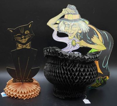 2 VINTAGE HALLOWEEN BLACK CAT & WITCH POP UPS. 2 Vintage Halloween Pop Ups Cardboard and Crepe 