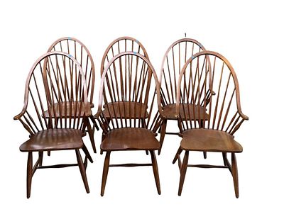 6 VINTAGE LEWIS WINDSOR DINING CHAIRS. Six (6) Solid Wood Vintage Lewis Windsor Spindle Back 