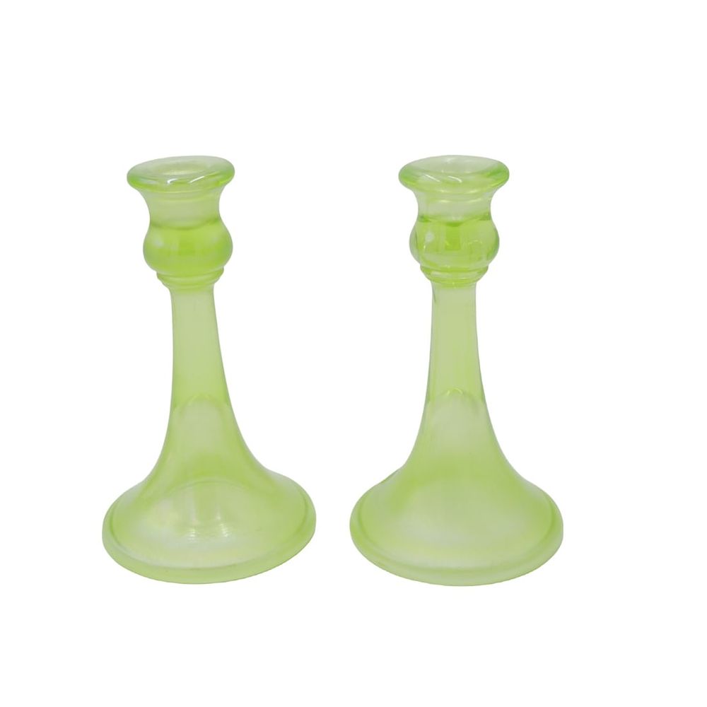 Lot 12: PAIR NORTHWOOD VASELINE TRUMPET CANDLESTICKS