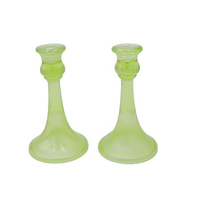 PAIR NORTHWOOD VASELINE TRUMPET CANDLESTICKS. Northwood Vaseline Trumpet #719 Carnival Glass 