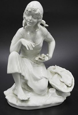 DRESDEN PORCELAIN WOMAN WITH FISH. Dresden Figural White Porcelain, Woman with basket of fish. 