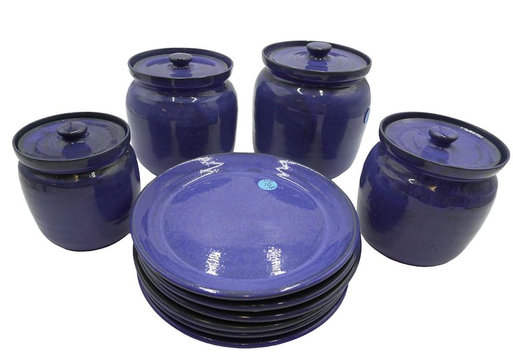 Lot 16: 10 PC IRON MOUNTAIN BLUE RIDGE POTTERY CANISTERS & PLATES