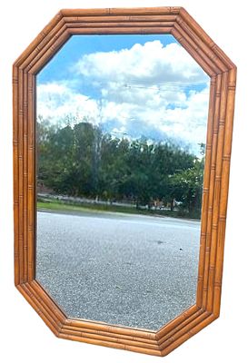 VINTAGE FAUX BAMBOO CHINOISERIE WALL MIRROR. Vintage Faux Bamboo Framed Hexagonal Wall Mirror. 