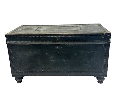 LARGE ANTIQUE LEATHER COVERED TRUNK. Large leather covered trunk, 19th c, opening to a camphor 