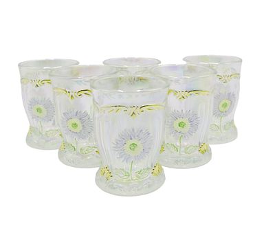 6 VINTAGE MOSSER DAHLIA IRIDESCENT TUMBLERS. Six (6) Vintage Mosser Glass Iridescent "Dahlia" 