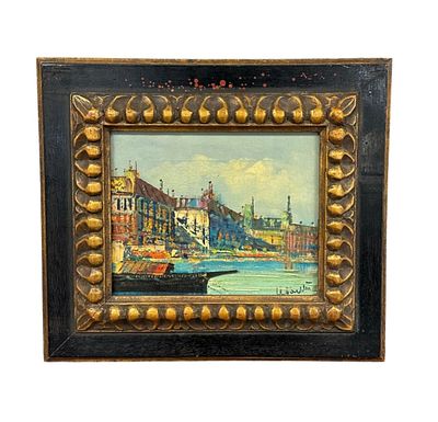 MID CENTURY CONTINENTAL RIVERSCAPE OIL ON CANVAS. Signed Mid Century European City Riverscape 