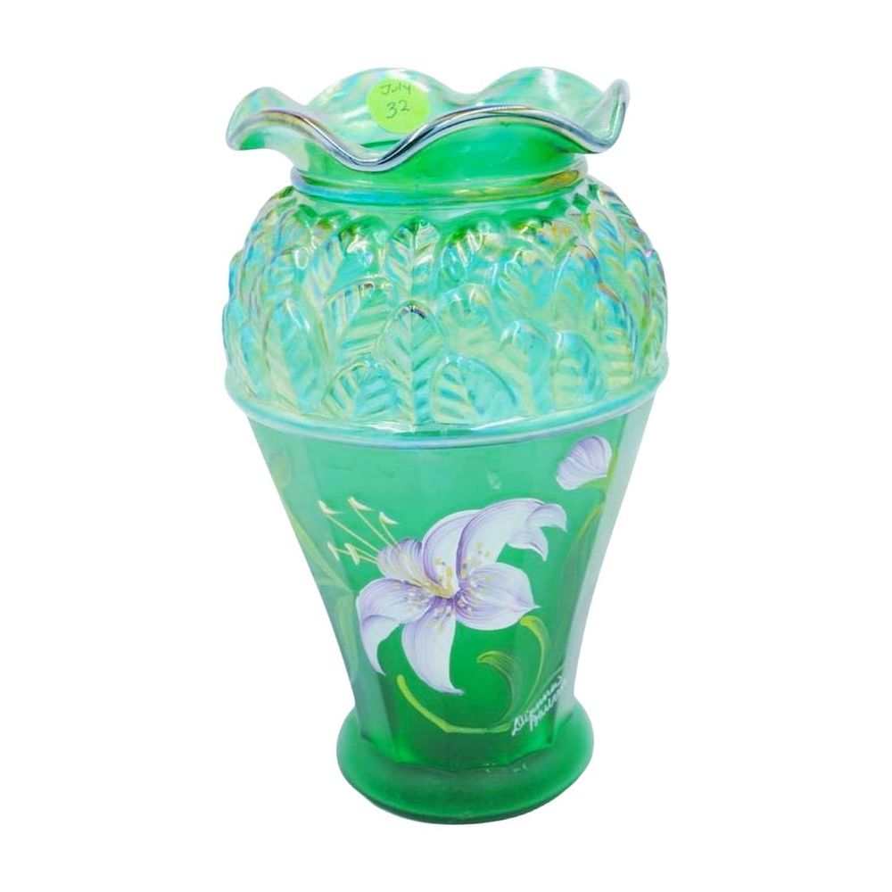Lot 26: FENTON ART GLASS GREEN IRIDESCENT LILIES VASE