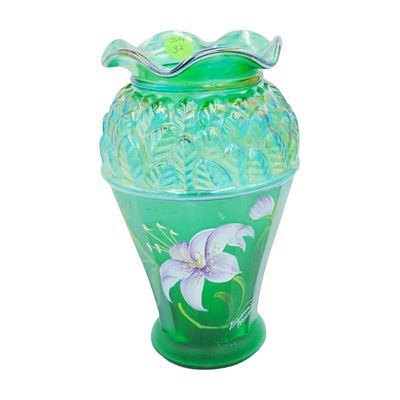 FENTON ART GLASS GREEN IRIDESCENT LILIES VASE. Fenton Green Iridescent Vase, Designed By Francis 