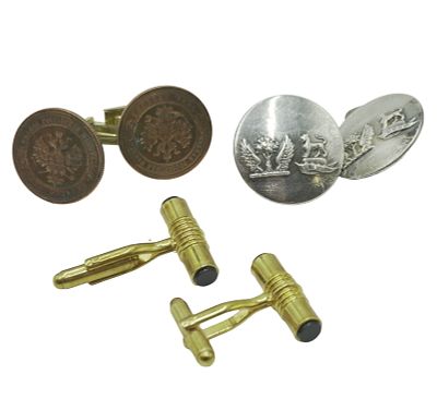 3 PAIR VINTAGE MENS CUFFLINKS. 1- 1888 &amp; 1908 Antique Russian Kopeks Coin Cufflinks 3/4". 2- 