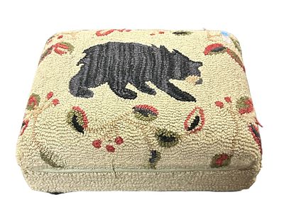 LAURA MEGROZN BLACK BEAR WOOL FOOTSTOOL. Hand Hooked 100% New Zealand Wool Black Bear Design 