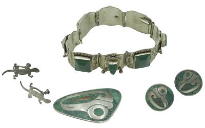 4 pc STERLING & ALPACA SILVER BRACELET - BROOCH - EARRINGS. 1- Alpaca Silver Bracelet with Green 