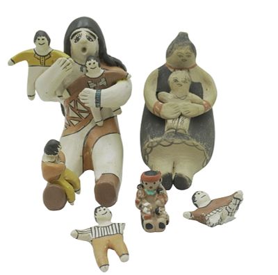 3 NATIVE AMERICAN POTTERY STORYTELLERS. All are vintage. 1- Jemez Pueblo Storyteller with child 