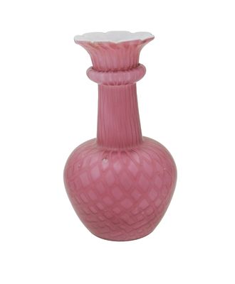 ANTIQUE ENGLISH QUILTED ROSE DIAMOND VASE. Antique English Art Glass Rose Diamond Quilted Satin 