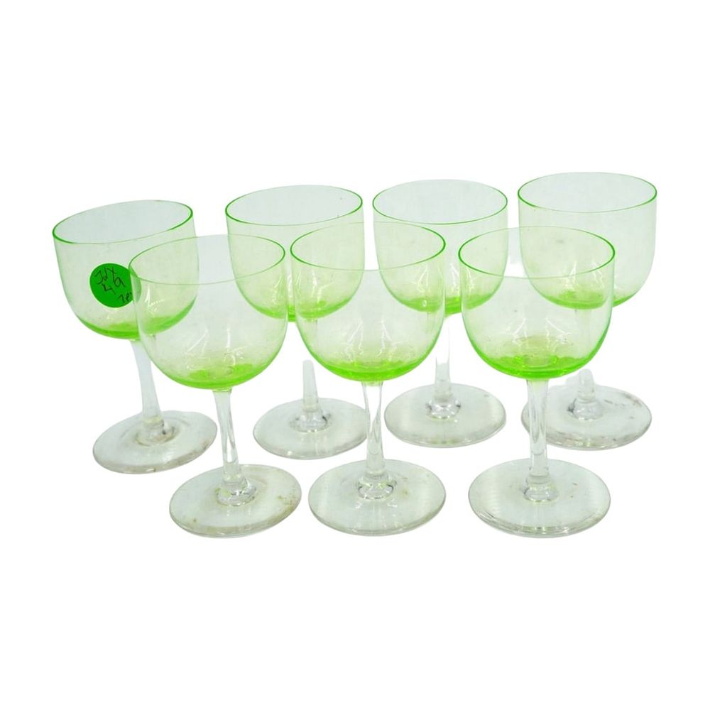 Lot 52: 7 VINTAGE VASELINE WINE GLASSES