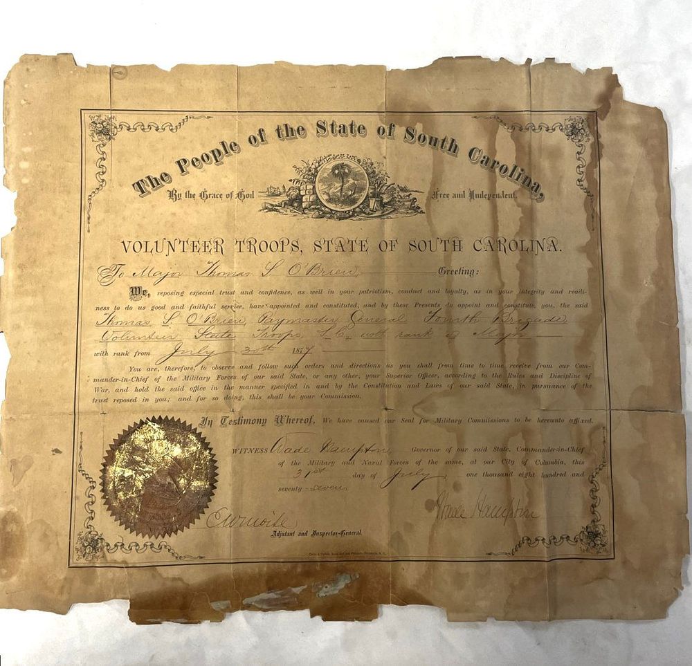 Lot 66: ORIGINAL 1877 VOLUNTEER TROOPS STATE OF SOUTH CAROLINA