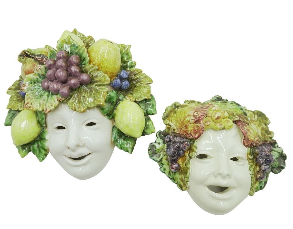 Lot 79: 2 PC ITALIAN MAJOLICA GLAZED BACCHUS MASKS