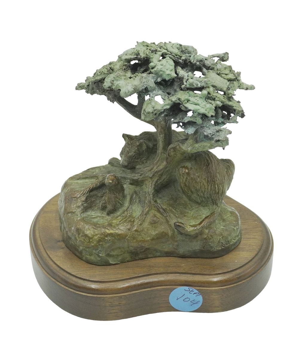 Lot 104: PATINATED BRONZE TREE WITH LEOPARD