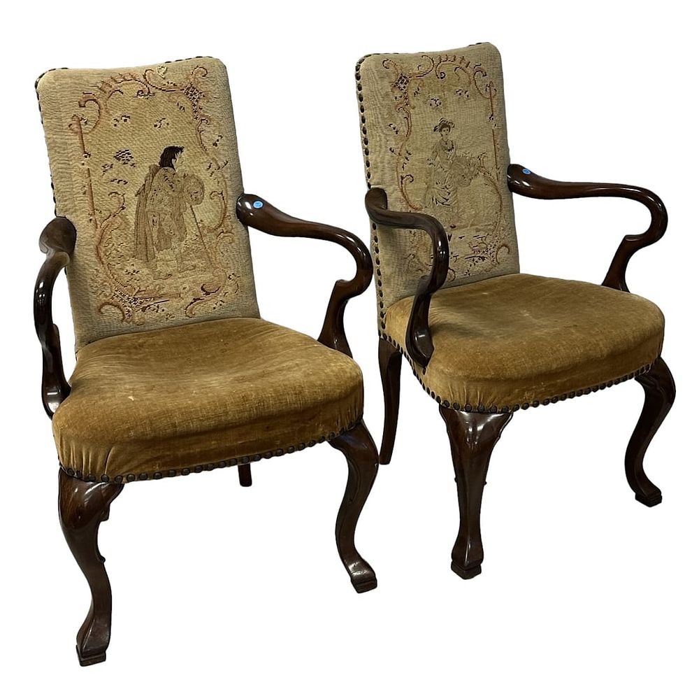Lot 110: PAIR GEORGE I WALNUT SHEPHERDS CROOK ARM CHAIRS