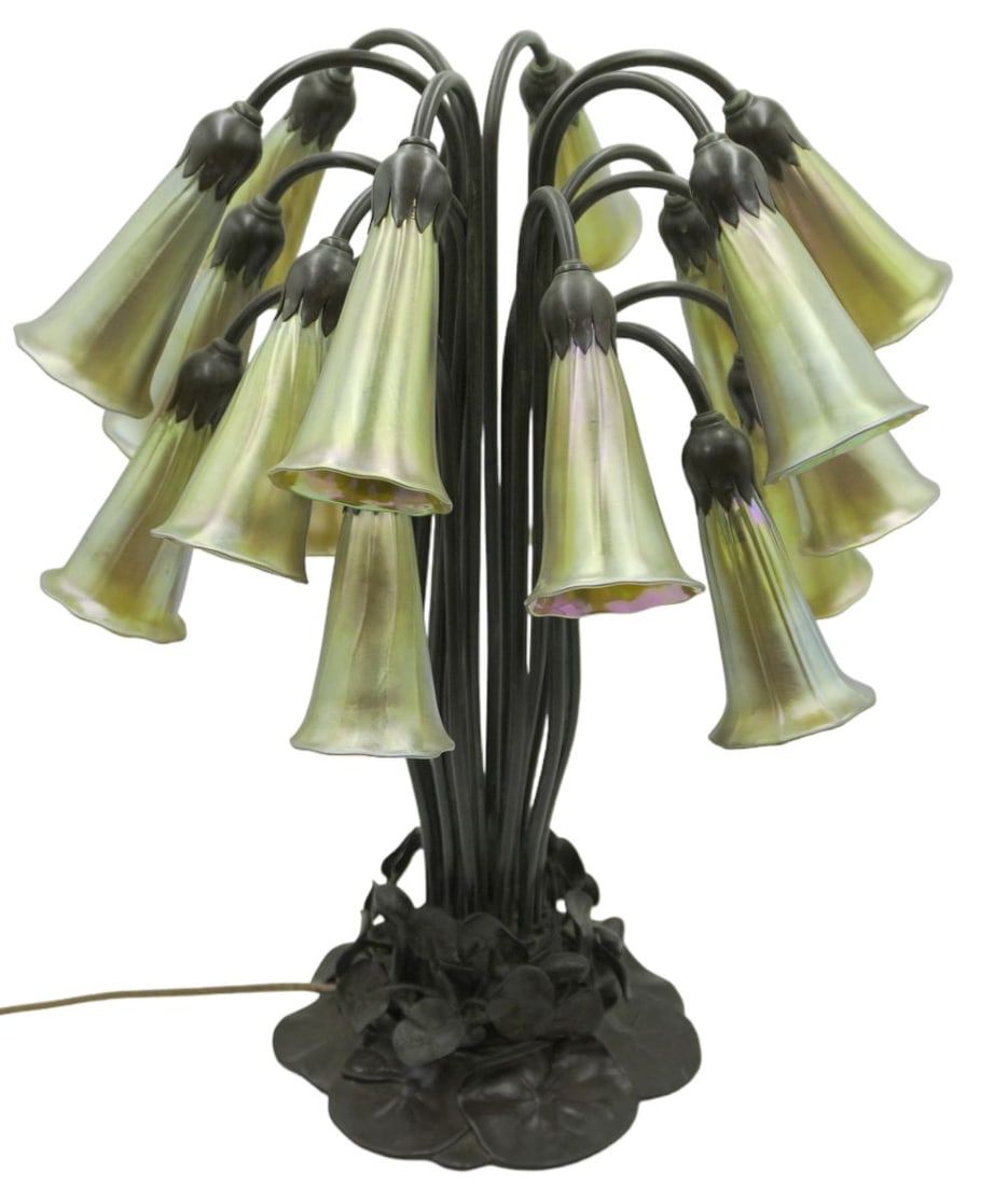 Lot 126: PATINATED BRONZE AND GLASS EIGHTEEN-LIGHT LILY LAMP