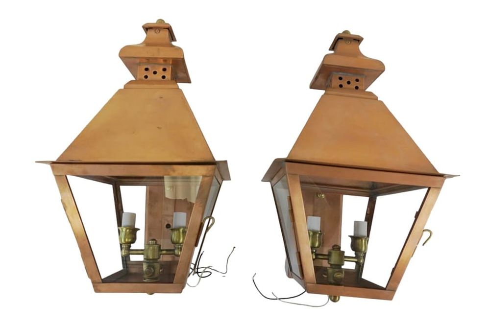 Lot 141: PAIR OF CHARLESTON COPPER WALL MOUNT ELECTRIC LANTERNS