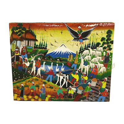 VINTAGE ECUADOR FOLK ART ON HIDE. Vintage Ecuador Folk Art painting on hide. Signed Olga Vega. 