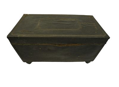 LARGE ANTIQUE LEATHER COVERED TRUNK. Large leather covered trunk, 19th c, opening to a camphor 