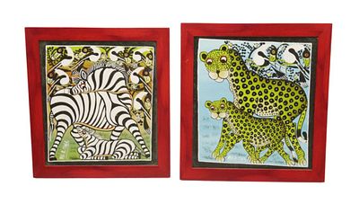 2 TINGA TINGA ORIGINAL PAINTINGS LEOPARD & ZEBRA. Two (2) Vintage Tinga Tinga East African 