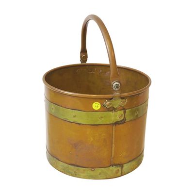 ANTIQUE COPPER BUCKET WITH BRASS STRAPPING. Antique c. 1890 Copper Bucket with Riveted Brass 