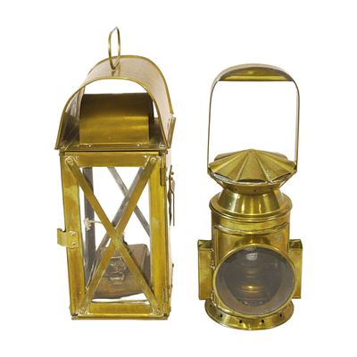 2 ANTIQUE / VINTAGE BRASS LANTERNS. 2 Vintage Antique Brass Lanterns. 6"x5"x13" and 5.5"x5"x13". 