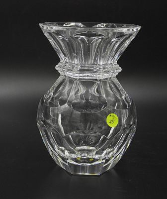 BACCARAT CRYSTAL VASE. Baccarat Crystal Vase. Chip to rim. 6"x6"x8.75". Weight 8 lbs 10 