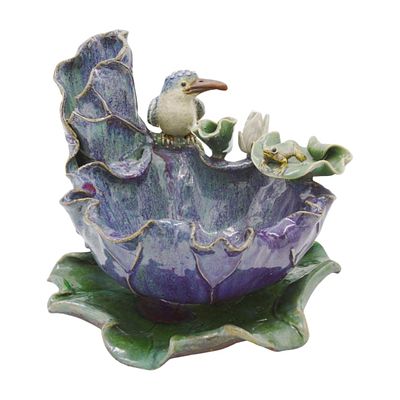 LARGE SIGNED CHINESE MAJOLICA KINGFISHER. Handcrafted majolica pottery bowl featuring a seated 