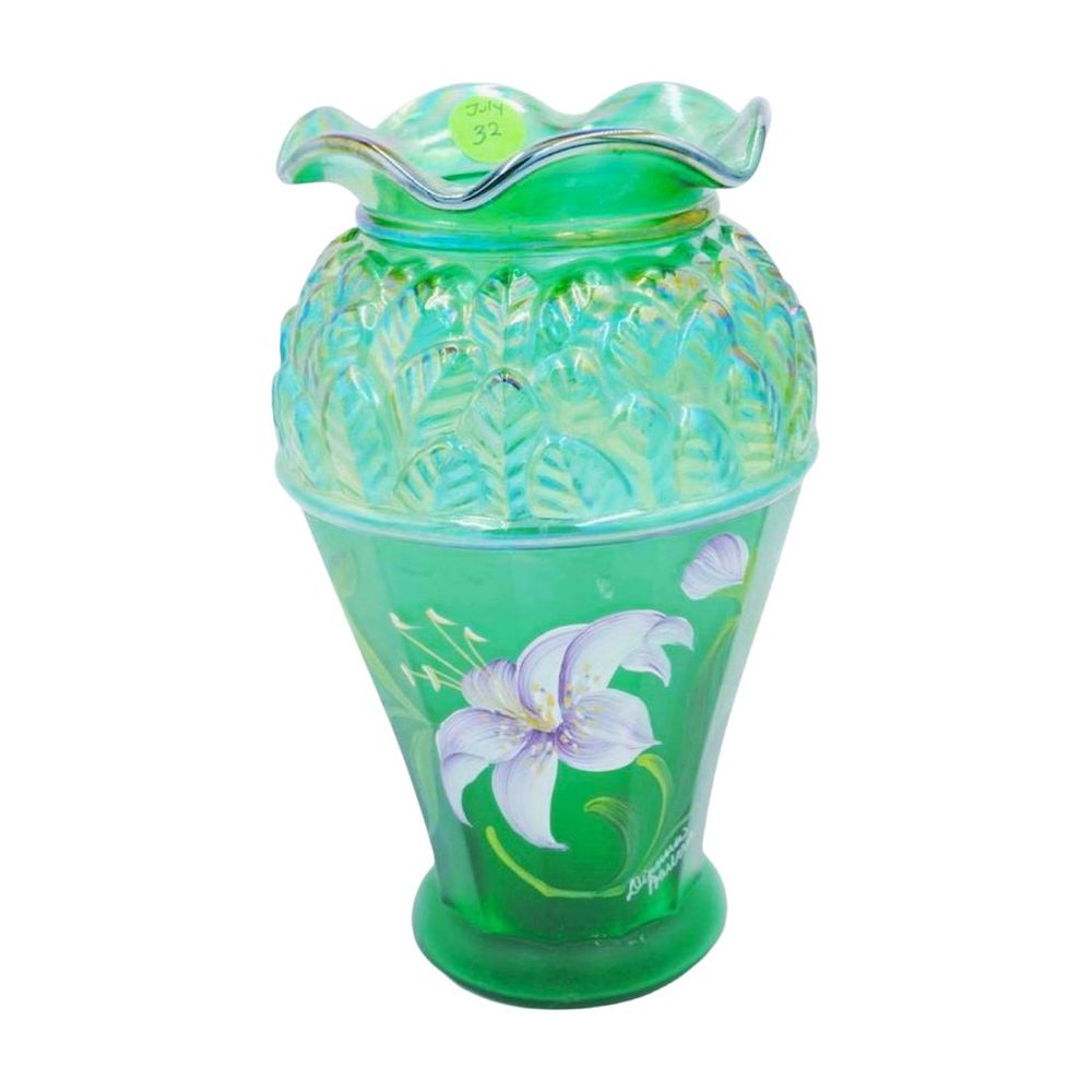 Lot 34: FENTON ART GLASS GREEN IRIDESCENT LILIES VASE