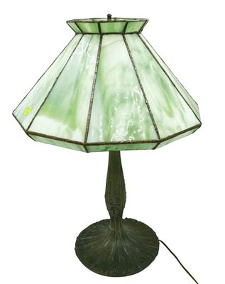 JOHN MORGAN LEADED SLAG GLASS TABLE LAMP. John Morgan Leaded Slag Glass Table Lamp. Repair to 