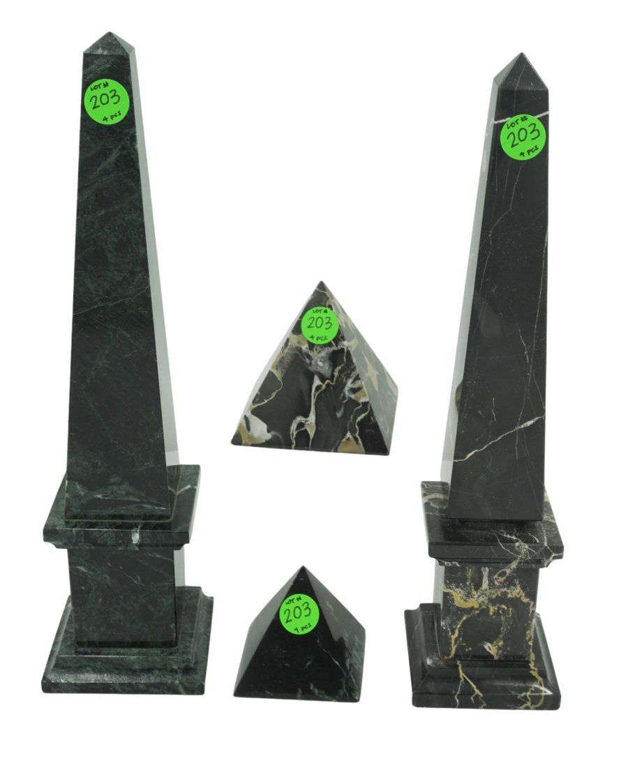 Lot 159: SET OF VINTAGE SOLID MARBLE OBELISKS AND MATCHING PYRAMIDS